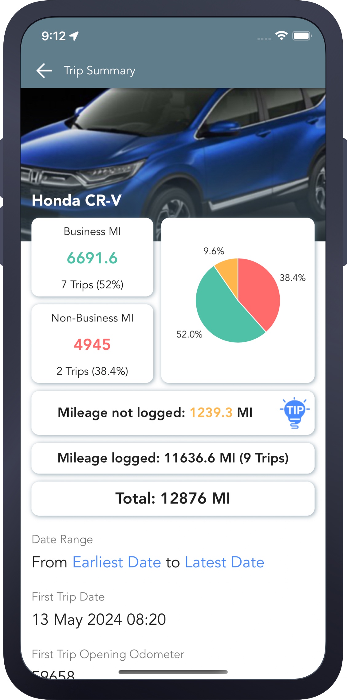 Trip Logbook mileage log summary and mileage statistics